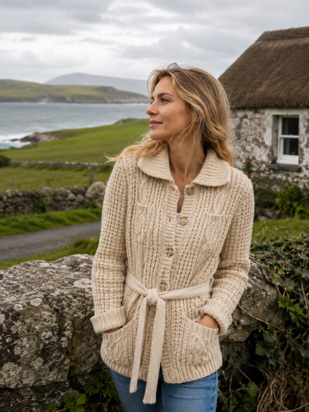 Aran Gaeltarra Made in Ireland Cable-Knit Belted Wool. Cardigan Sweater Small